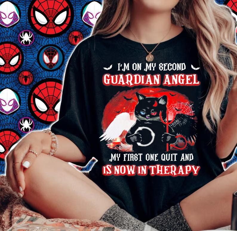 Cat Second Angel I'm on my second Guardian Angel Halloween shirt t-shirt woman shirt