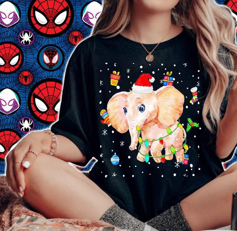 Christmas Elephants Funny Santa Hat Lights Decorations Gifts shirt t-shirt woman shirt