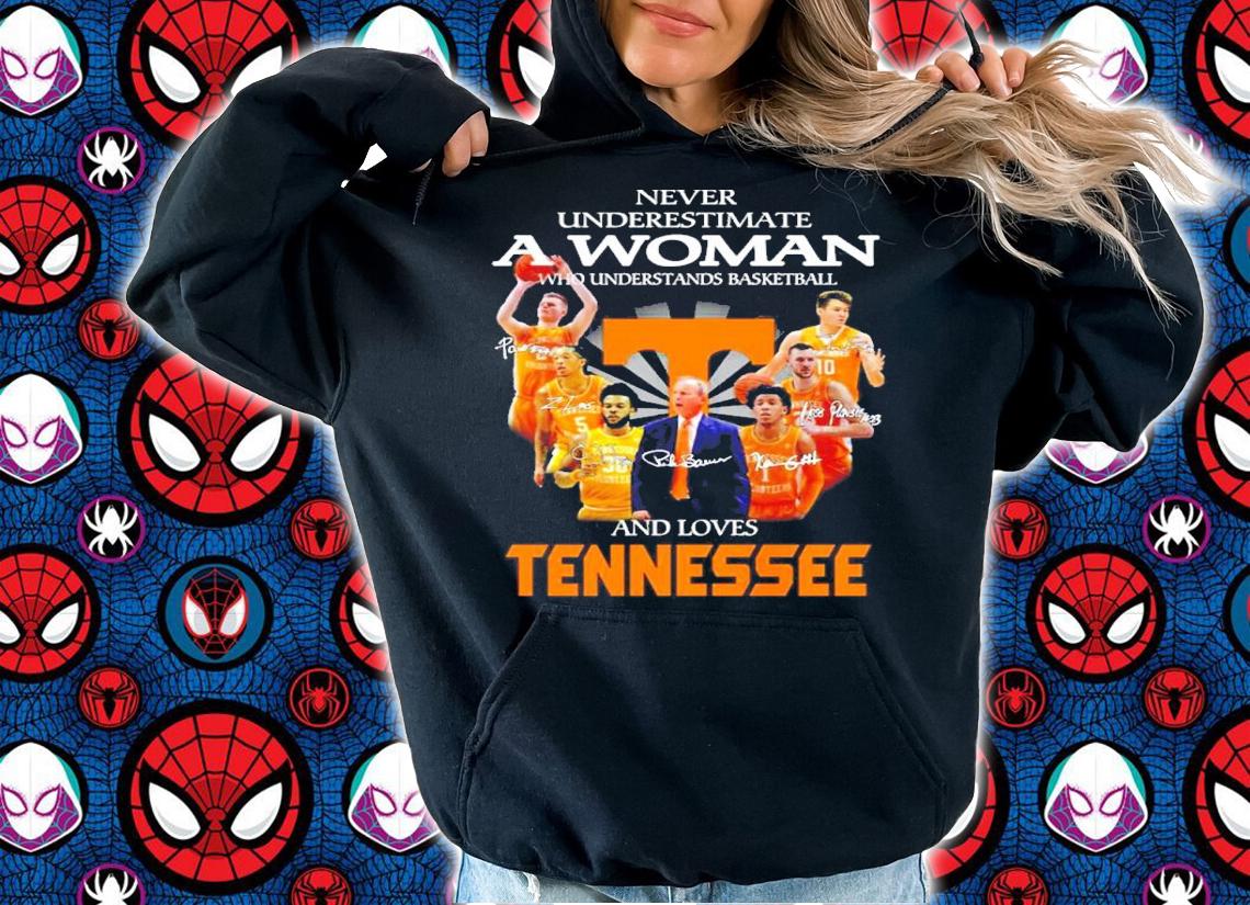 Official Never Underestimate A Woman Who Understands Basketball And Loves Tennessee Volunteers Signatures Shirt t-shirt