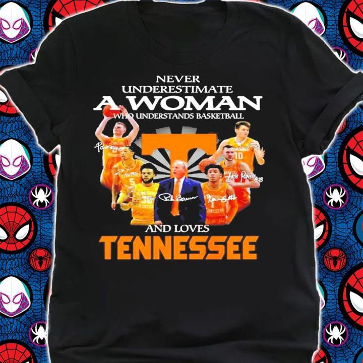 Official Never Underestimate A Woman Who Understands Basketball And Loves Tennessee Volunteers Signatures Shirt t-shirt