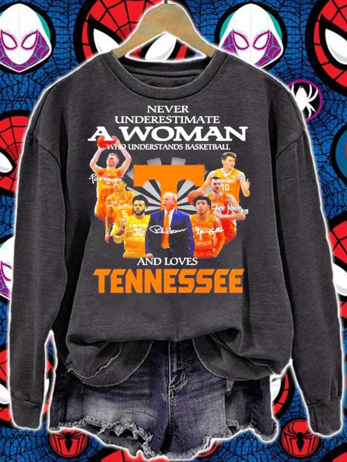 Official Never Underestimate A Woman Who Understands Basketball And Loves Tennessee Volunteers Signatures Shirt t-shirt