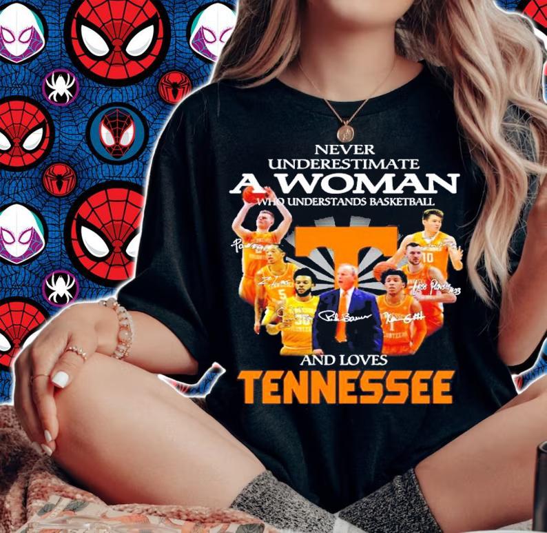 Official Never Underestimate A Woman Who Understands Basketball And Loves Tennessee Volunteers Signatures Shirt t-shirt