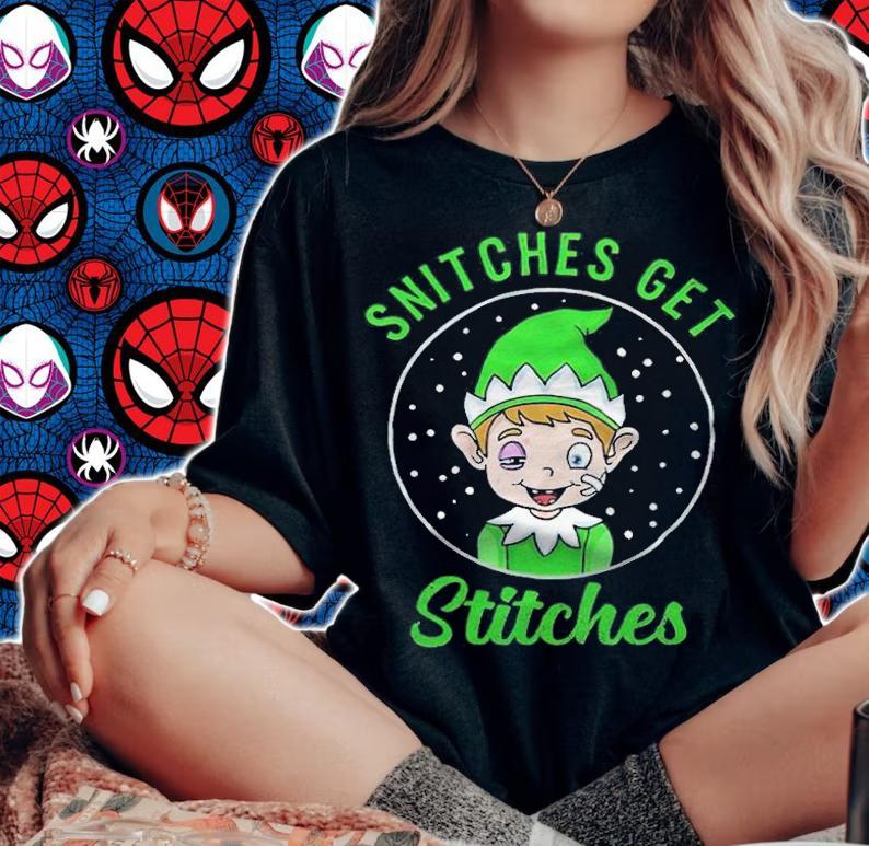 Snitches get stitches Christmas Elf 2021 funny T-shirt t-shirt