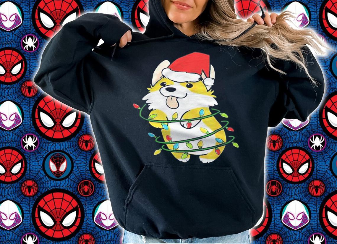 Corgi dog Santa hat lights Christmas funny T-shirt