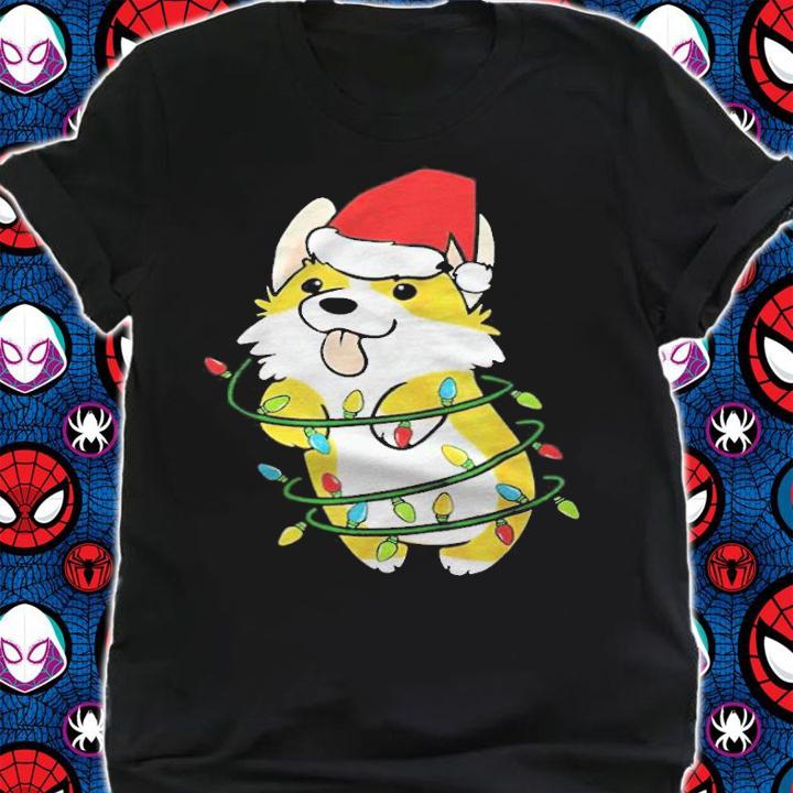 Corgi dog Santa hat lights Christmas funny T-shirt