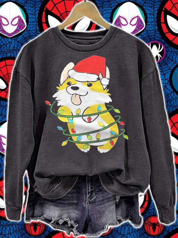 Corgi dog Santa hat lights Christmas funny T-shirt