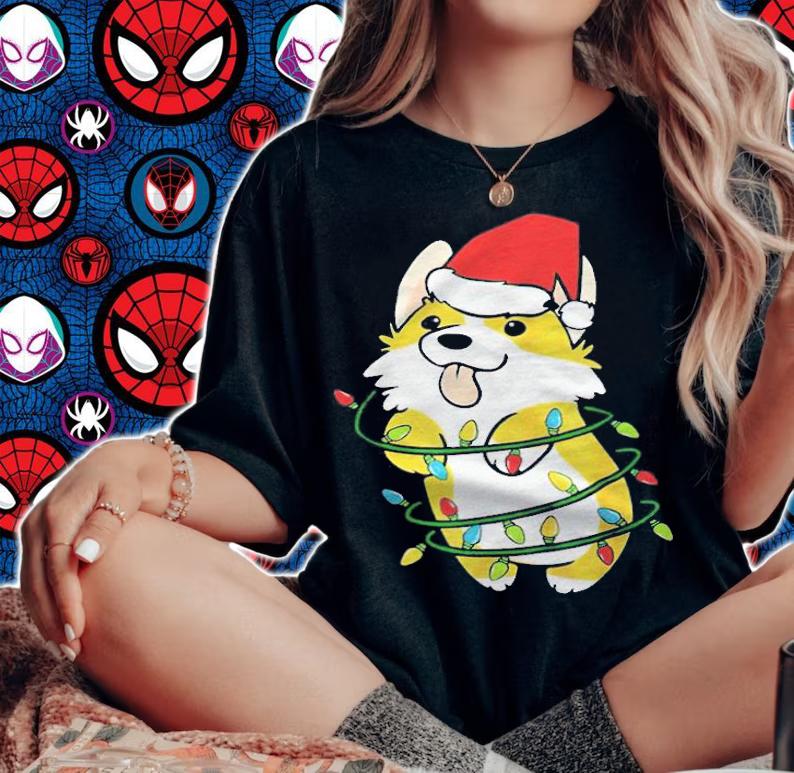 Corgi dog Santa hat lights Christmas funny T-shirt
