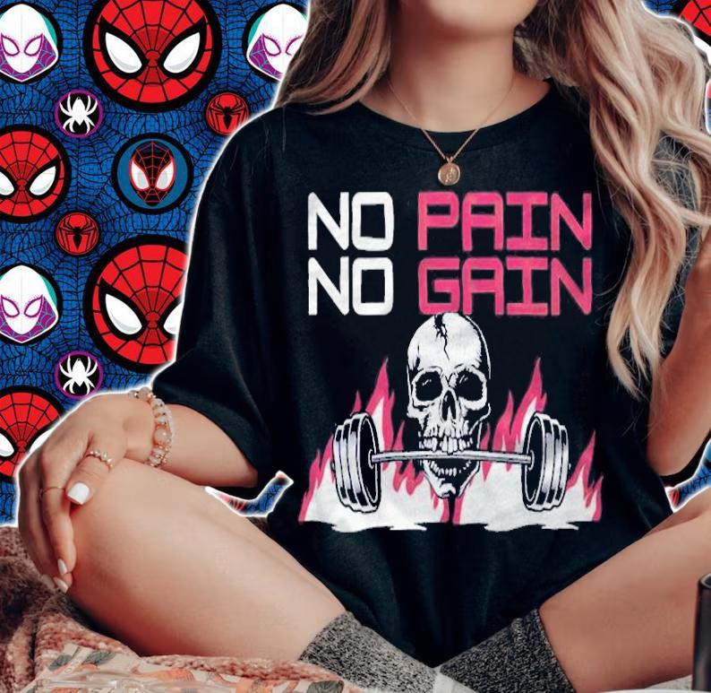 No pain no gain skull motivational gym T-shirt