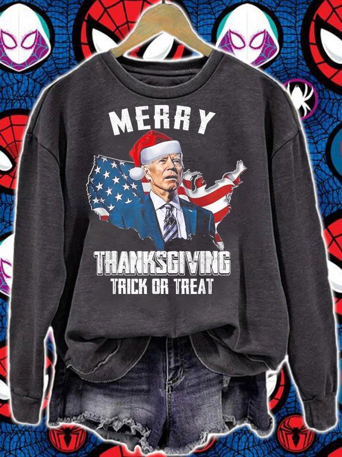 Funny Joe Biden Merry Thanksgiving USA Flag Anti Biden T-Shirt