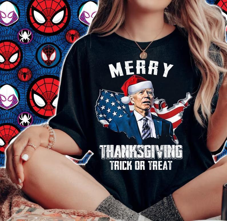 Funny Joe Biden Merry Thanksgiving USA Flag Anti Biden T-Shirt