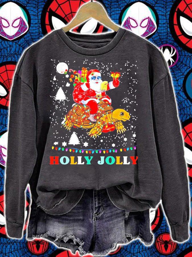 Santa Claus Riding Turtle Holly Jolly Merry Christmas Shirt sweatshirt