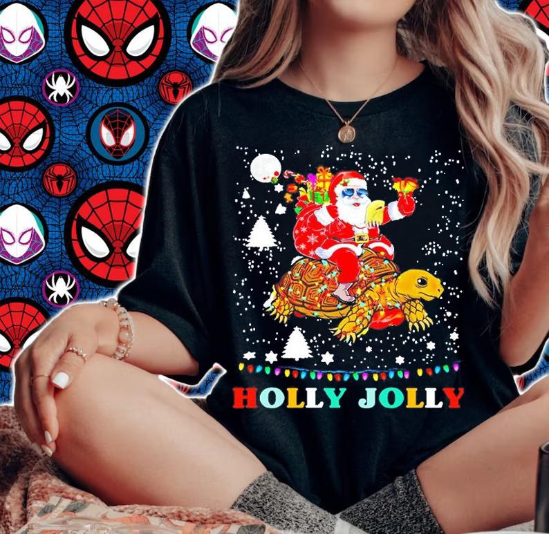 Santa Claus Riding Turtle Holly Jolly Merry Christmas Shirt woman shirt