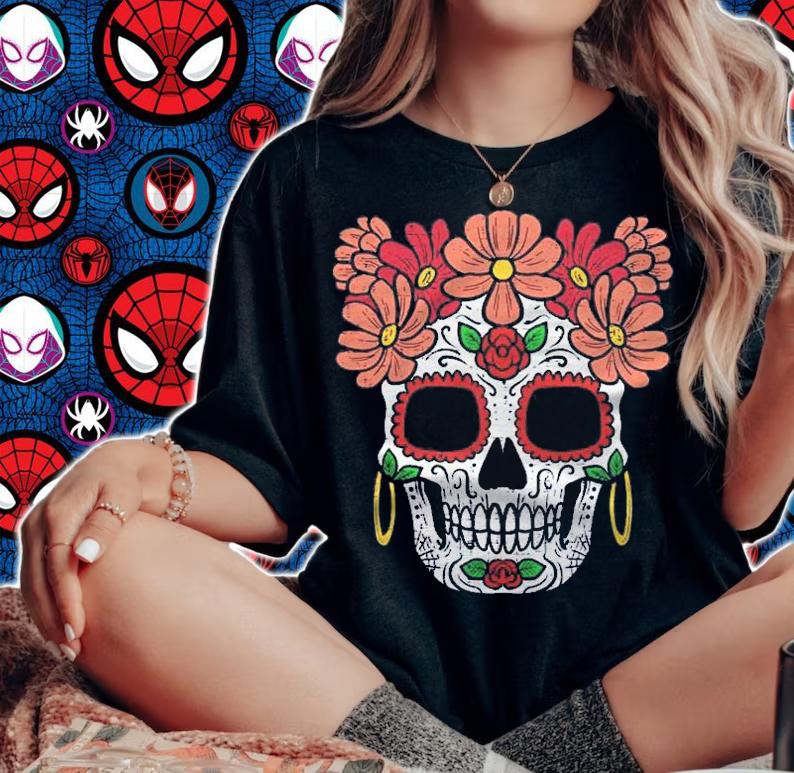 Sugar Skull Flowers Head Calavera Floral Dia De Los Muertos t-shirt