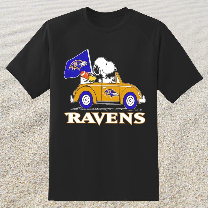 Baltimore Ravens Snoopy Woodstock Driving Volkswagen Beetle Shirt - Shop now!