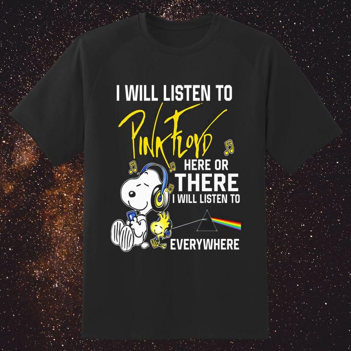 Premium Snoopy And Woodstock I Will Listen To Pink Floyd Here Or There Everywhere T-Shirt